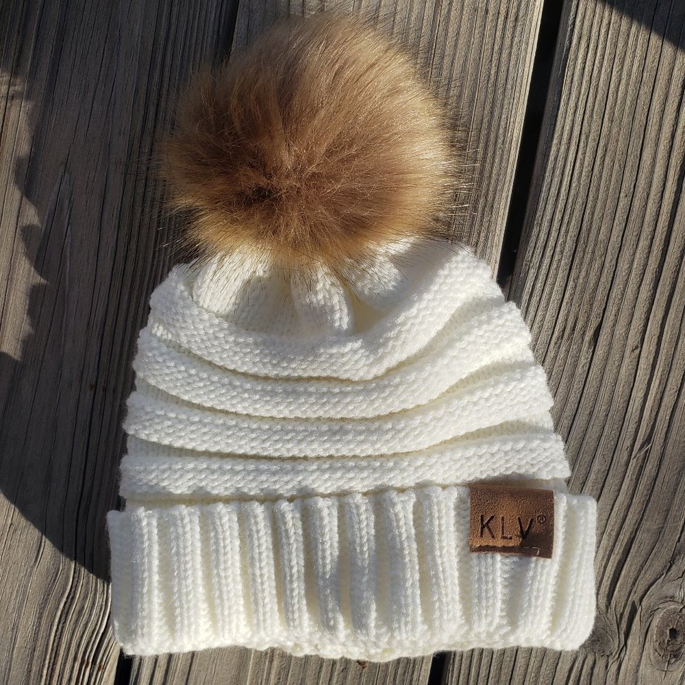 KLV Slouchy Unisex Knitted Wool Beanie Hat with Faux Fur Pom